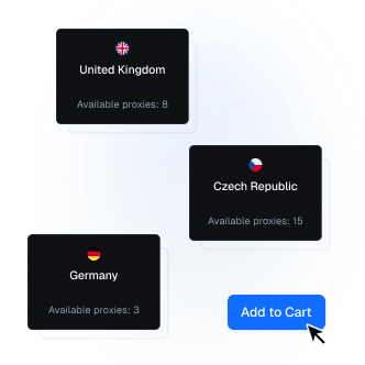 Setup in minutes section with country proxy cards and add to cart action