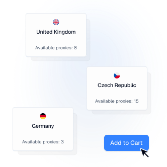 Setup in minutes section with country proxy cards and add to cart action