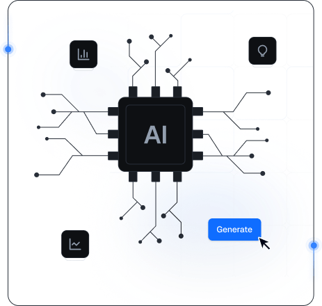 AI illustration with mobile network processor, charts, analytics icons, and generate control