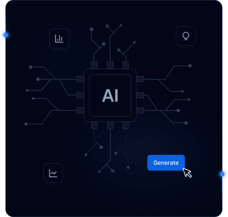 AI illustration with mobile network processor, charts, analytics icons, and generate control