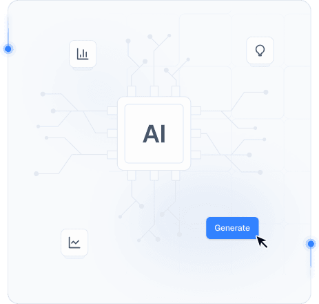 AI illustration with mobile network processor, charts, analytics icons, and generate control