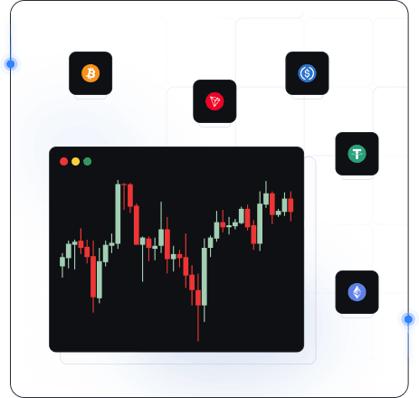 Cryptocurrency candlestick chart and crypto asset icons in a browser-style dashboard