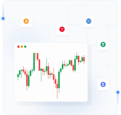 Cryptocurrency candlestick chart and crypto asset icons in a browser-style dashboard