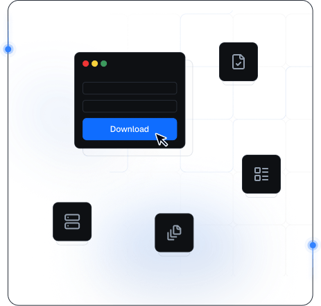 Data collection illustration with an app window, documents, and network paths representing mobile proxy workflows