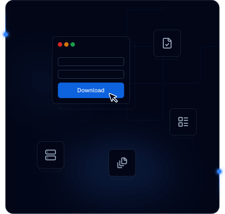 Data collection illustration with an app window, documents, and network paths representing mobile proxy workflows