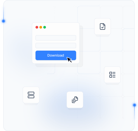 Data collection illustration with an app window, documents, and network paths representing mobile proxy workflows