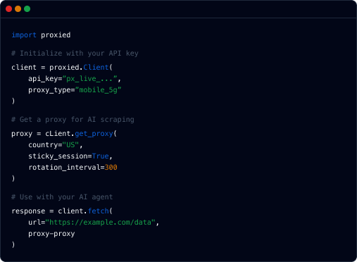 Exemplo de código com cliente Proxied, seleção de proxy e fetch com o SDK Python