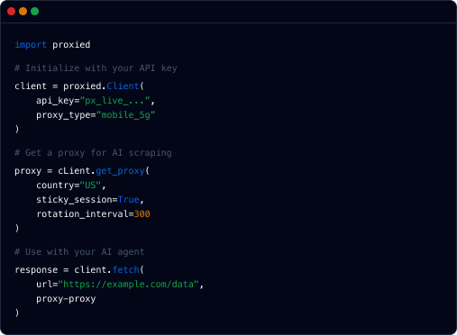 Code example showing Proxied client setup, proxy selection, and fetch with Python SDK