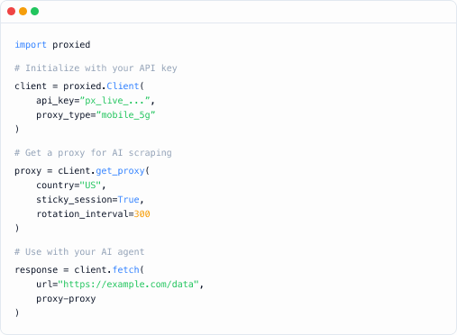 Exemplo de código com cliente Proxied, seleção de proxy e fetch com o SDK Python