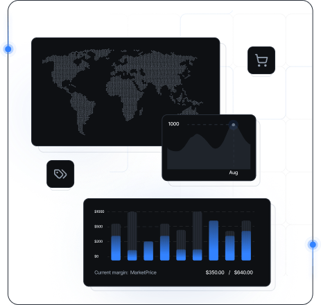 Price aggregation dashboard with market map and pricing charts