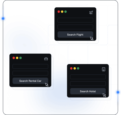 航空券、レンタカー、ホテル検索パネルを表示した旅行運賃アグリゲーション画面