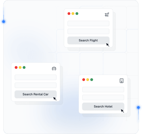 航空券、レンタカー、ホテル検索パネルを表示した旅行運賃アグリゲーション画面