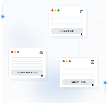 Travel fare aggregation interface showing flight, rental car, and hotel search panels
