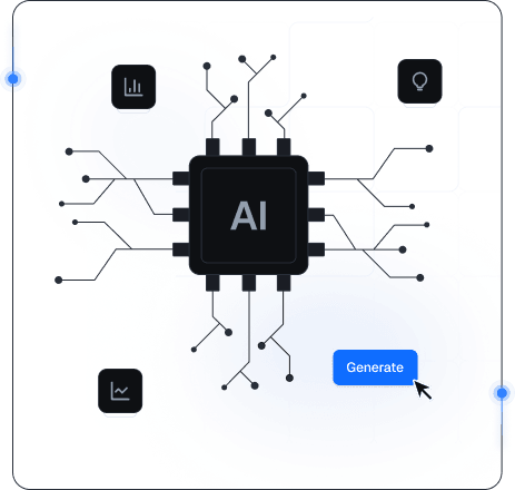KI-Illustration mit Mobile-Netzwerk-Prozessor, Diagrammen, Analyse-Icons und Generate-Steuerung
