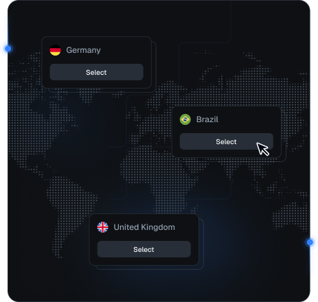World map with Proxied mobile proxy locations in Germany, Brazil, and the United Kingdom