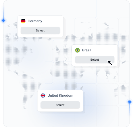 World map with Proxied mobile proxy locations in Germany, Brazil, and the United Kingdom