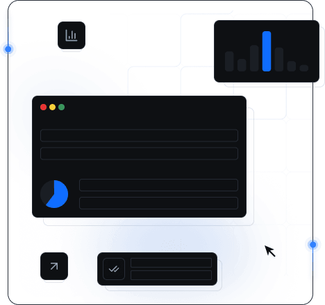 Ilustración de panel de optimización SEO con tarjetas analíticas y paneles de interfaz