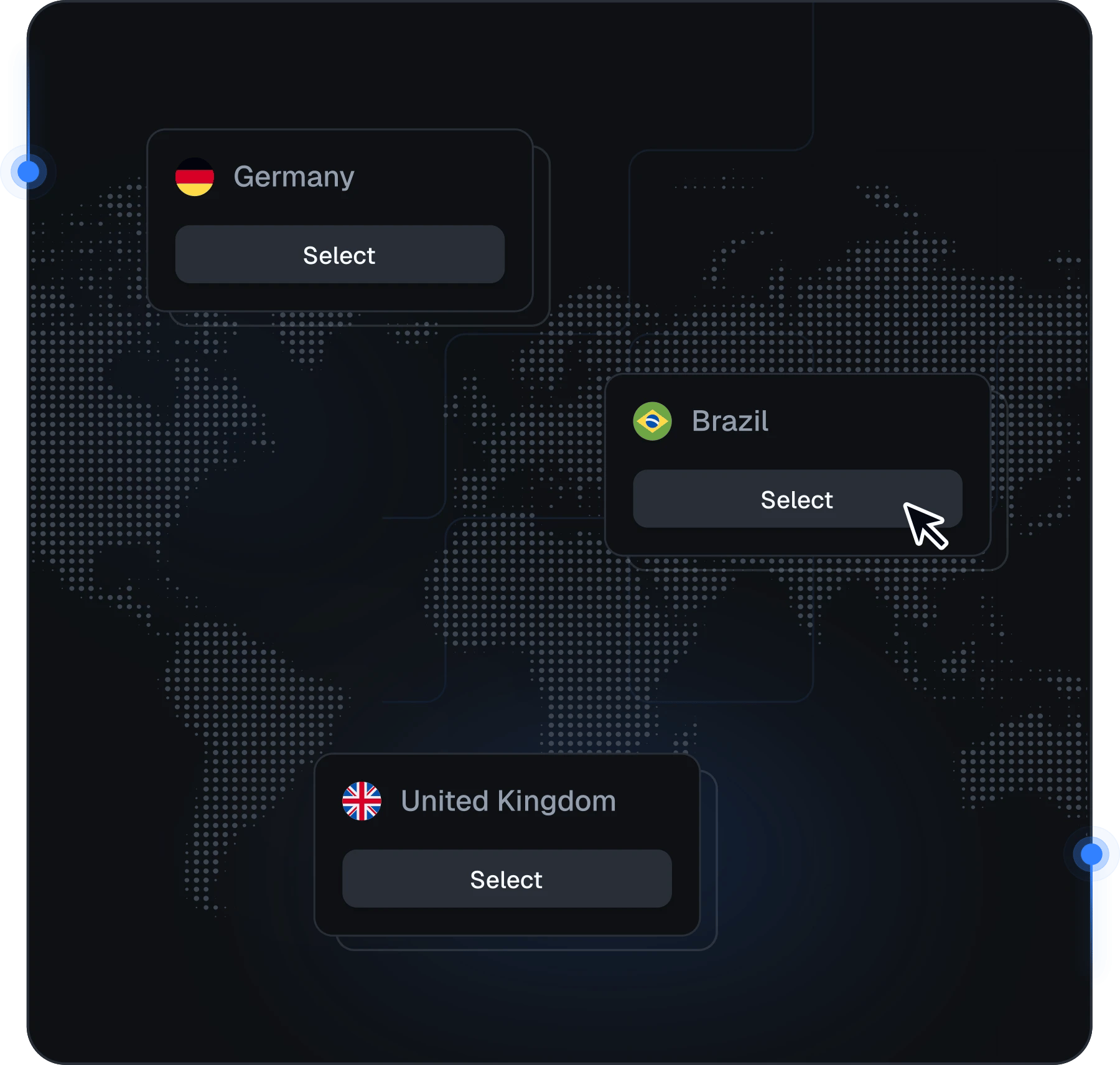 Carte du monde avec les localisations de proxies mobiles Proxied en Allemagne, au Brésil et au Royaume-Uni