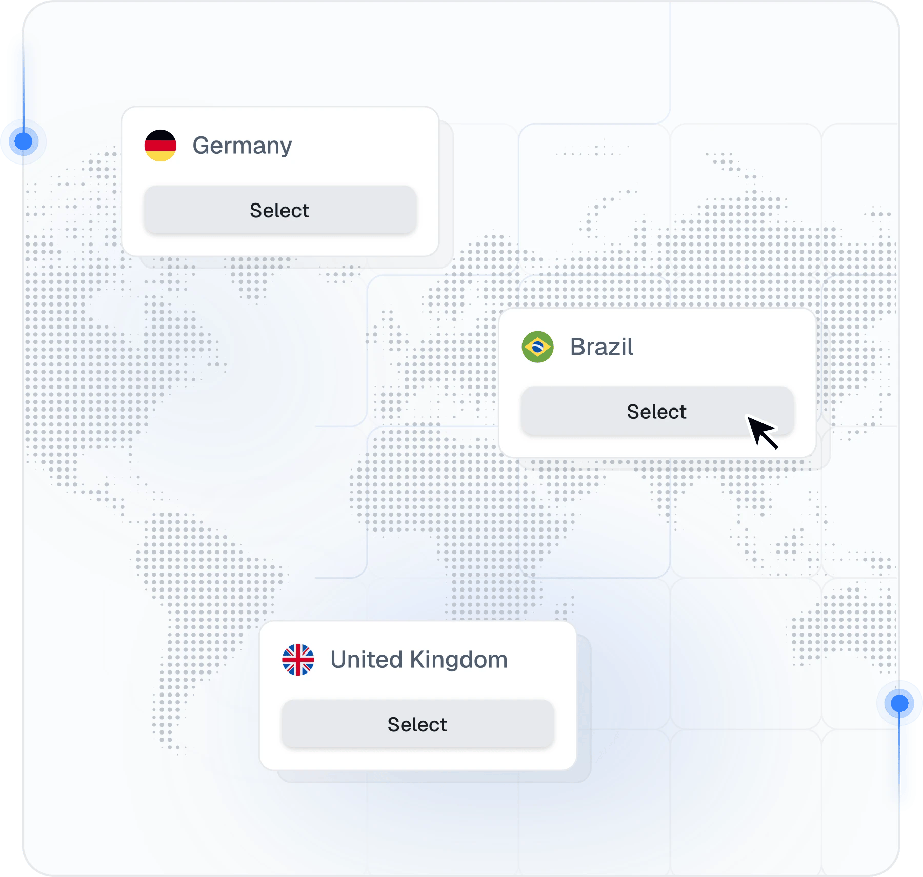 Carte du monde avec les localisations de proxies mobiles Proxied en Allemagne, au Brésil et au Royaume-Uni