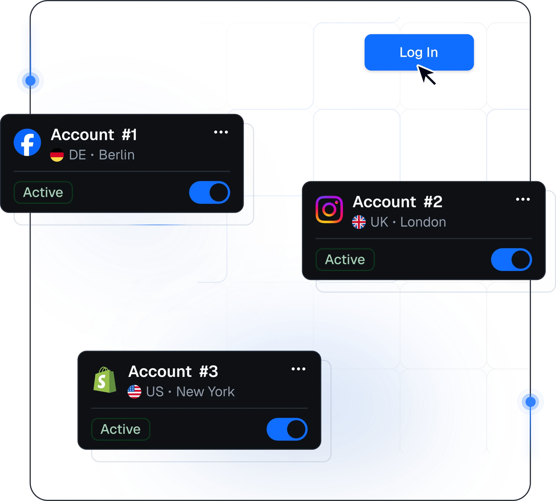 Multi-accounting dashboard with account cards