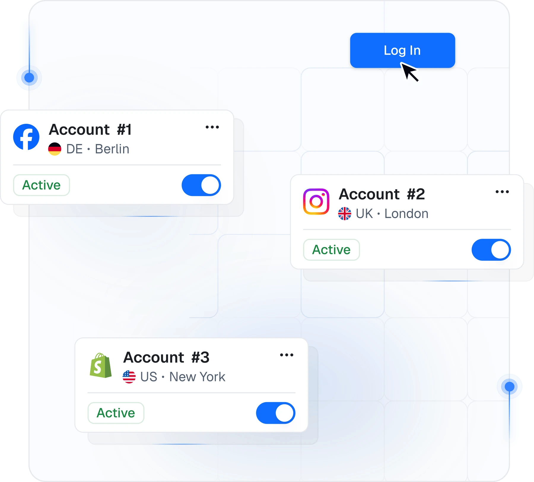 Multi-accounting dashboard with account cards