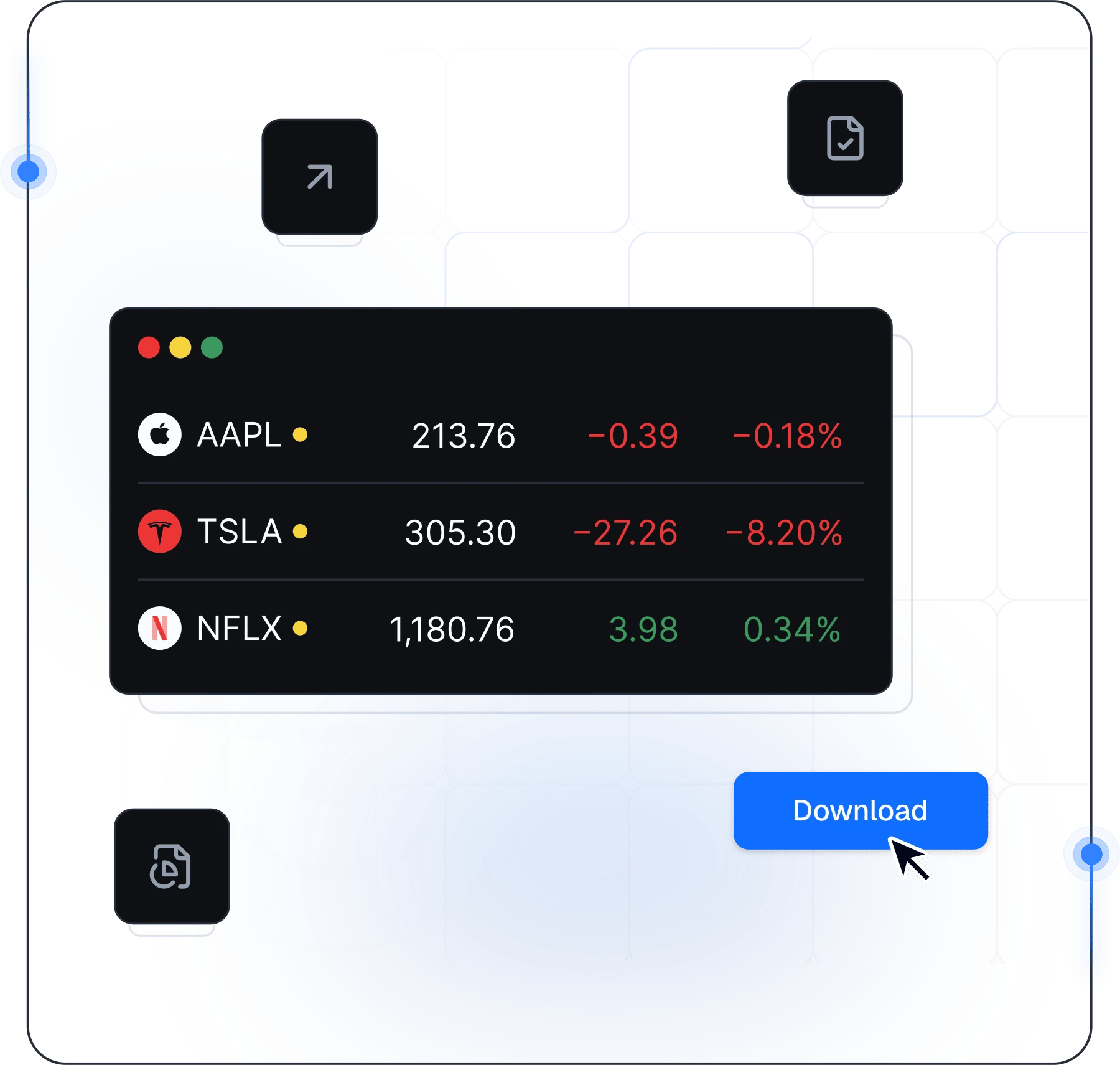 Stock market data dashboard with live quotes and download