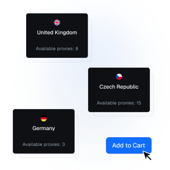 Secao de setup rapido com cards de paises proxy e acao de adicionar ao carrinho