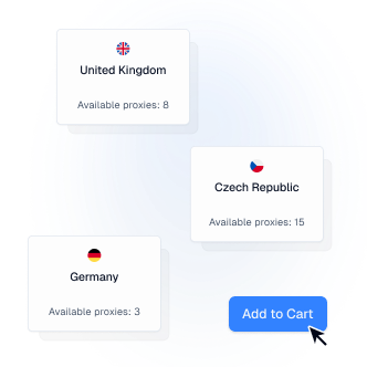 Secao de setup rapido com cards de paises proxy e acao de adicionar ao carrinho